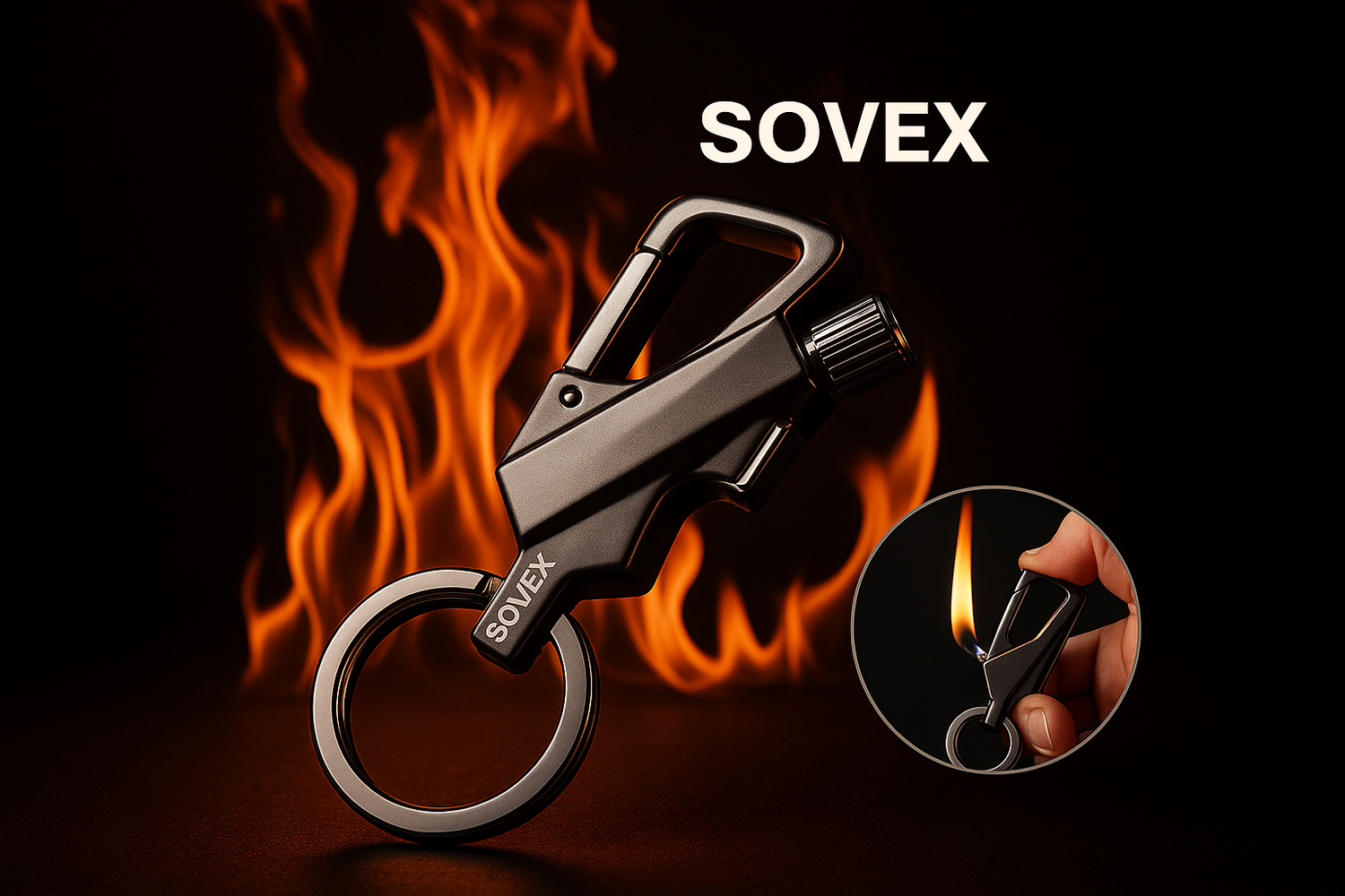 SOVEX keychain lighter with exact design on dramatic fire background
